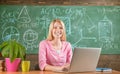 Student adorable blonde girl classroom chalkboard background. STEM concept. Formal education. Confident woman with Royalty Free Stock Photo
