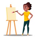 Student Art College Drawing On The Easel Vector. Isolated Illustration