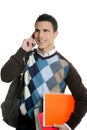 Student with bag, phone and books going school Royalty Free Stock Photo