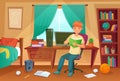 Student bedroom. Teenager read bock, college homework and student living room apartment cartoon illustration Royalty Free Stock Photo