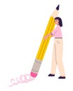 Student with big pencil erasing mistake vector illustration