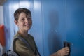 Student and blue school lockers Royalty Free Stock Photo