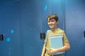 Student and blue school lockers Royalty Free Stock Photo