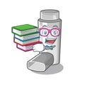 Student with book asthma inhaler in the character bag