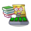 Student with book cartoon cash register with a money drawer