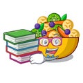 Student with book dessert of fruits salad on cartoon