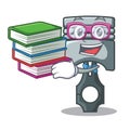 Student with book miniature piston in the cartoon shape