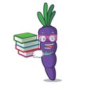 Student with book purple carrot slices in cartoon shape