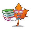 Student with book red maple leaf mascot cartoon Royalty Free Stock Photo