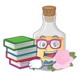 Student with book rose oil poured in cartoon bottle Royalty Free Stock Photo
