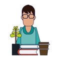 Student books coffee and bonsai