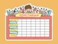 The student boy is climbing on the school pink timetable with stationary pencil, eraser, ruler illustration vector on yellow Royalty Free Stock Photo