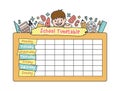 The student boy is climbing on the school yellow timetable with stationary pencil, eraser, ruler illustration vector on white