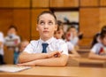 Student boy doing test at the elementary school during the lesson Royalty Free Stock Photo