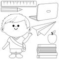 Student boy and set of school objects. Vector black and white coloring page Royalty Free Stock Photo