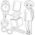 Student boy and set of school objects. Vector black and white coloring page Royalty Free Stock Photo