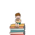 The student boy is sitting on the stack books while he is reading and smiling illustration vector on white background. Education Royalty Free Stock Photo