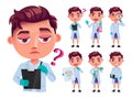 Student boy vector character set design. Male characters scientist collection in lab coat with friendly and confused.