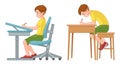 Student boy writing. Incorrect and correct back sitting position. Royalty Free Stock Photo