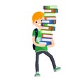 Student carries large pile of books. Heavy load in hands of man with backpack. Study problems and exam Royalty Free Stock Photo