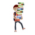 Student carries large pile of books. Heavy load in hands of man with backpack. Study problems and exam