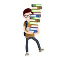 Student carries large pile of books. Heavy load in hands of man with backpack Royalty Free Stock Photo