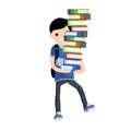 Student carries large pile of books. Heavy load in hands of man with backpack. Study problems and exam Royalty Free Stock Photo