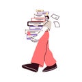 Student carrying many books, stack. Happy man learner, reader holding textbooks pile, literature for reading and Royalty Free Stock Photo