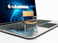 Student chair standing on laptop computer. 3D illustration