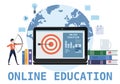 Student character archer select aim online education at home at computer. Web seminar, internet classes, professional Royalty Free Stock Photo