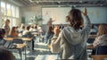 A student in a classroom is raising their hand.. AI generated Royalty Free Stock Photo