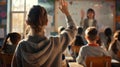 A student in a classroom is raising their hand.. AI generated Royalty Free Stock Photo