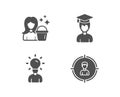 Student, Cleaning and Education icons. Headhunting sign. Graduation cap, Maid service, Human idea.