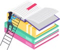 Student climbing a ladder to reach a large open book placed on top of a stack of colorful books, symbolizing the pursuit