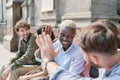 student and coed giving each other a friendly high five. Royalty Free Stock Photo