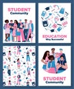 Student community and education supplies poster set with cartoon people