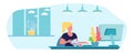 Female student at computer, remote work concept, freelancing, cartoon flat vector illustration Royalty Free Stock Photo