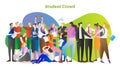 Student crowd vector illustration. Group of young people in college or university. Standing teacher and sitting girl with laptop.