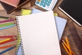 Student desk blank open notebook, studying, homework concept, copy space Royalty Free Stock Photo