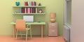 Student desk, chair and shelves with books and toys in a pastel colors child room. 3d illustration Royalty Free Stock Photo