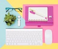 Student Desk Working Space Flat Lay. Top view photo of workspace with keyboard, notepad and succulent plant.