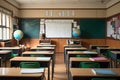 Big green wooden desks and empty classroom, back to school. Generative ai Royalty Free Stock Photo