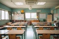 Empty classroom with desk and lesson materials, back to school. Generative ai Royalty Free Stock Photo