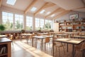 Modern empty classroom with desk and lesson materials, back to school. Generative ai Royalty Free Stock Photo