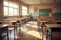 Green board, desks and spacious empty classroom, back to school. Generative ai Royalty Free Stock Photo