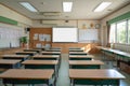 Studentless empty classroom with desk and course materials, back to school. Generative ai Royalty Free Stock Photo