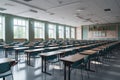 Tidy dark green desks big empty classroom, back to school. Generative ai Royalty Free Stock Photo