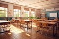 Whiteboard desks and tidy modern empty classroom, back to school. Generative ai Royalty Free Stock Photo