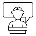 Student and dialogue thin line icon. Speech bubble and person vector illustration isolated on white. Speech outline