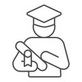 Student with diploma thin line icon, startup concept, university student graduation sign on white background, graduate